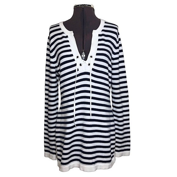 Nautica Cotton Knit V Neckline String Navy White Stripes Versatile Sweater M - Picture 1 of 10
